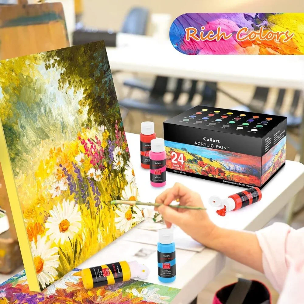 NEW 24 Colors Caliart Acrylic Paint Set Paints with 12 Brushes Art Craft Supply